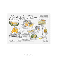 Load image into Gallery viewer, Lokapedia Singapore: Made With Durian - Singapore Postcard
