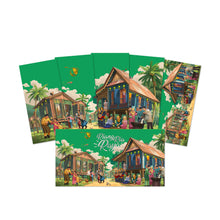 Load image into Gallery viewer, Loka Made brings to life the celebratory times of Hari Raya in the heart of Kampung through an illustration entitled 'Riang Ria Raya'. At its core, this beautiful place captures the essence of family togetherness, reflecting the cherished traditions and joyous times we share without loved ones during the festive season. 5 different designs in a set.