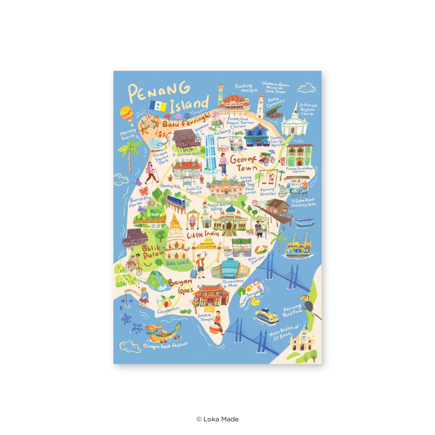 Doodle Land: Penang Island Map - Malaysia Postcard – Loka Made