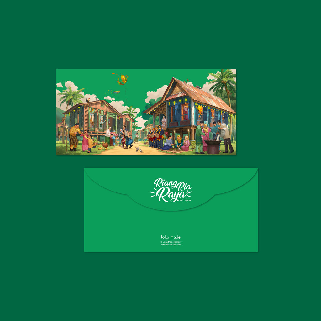Loka Made brings to life the celebratory times of Hari Raya in the heart of Kampung through an illustration entitled 'Riang Ria Raya'. At its core, this beautiful place captures the essence of family togetherness, reflecting the cherished traditions and joyous times we share without loved ones during the festive season.   5 different designs in a set.